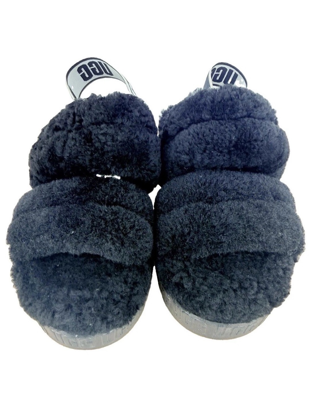 UGG Fluff Yeah Slide Black Sheepskin Slingback Platform Slipper Sandal Size 6